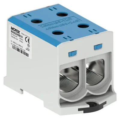 Imagen del producto de Bornier de conexión para riel, aluminio/cobre, sección 35.0-240.0 mm², 1000 V CA / 1500 V CC. Borne universal, color azul