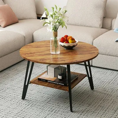 Imagen del producto de Mesa de centro redonda, color marrón, con compartimento de almacenamiento y patas de metal, 72x72x43 cm, diseño moderno
