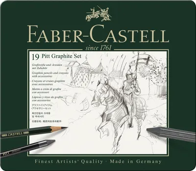 A Faber-Castell Pitt Graphite Set packaging with a sketch of knights on horseback.