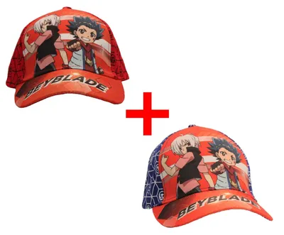Produktbild von Beyblade Burst Baseball Cap 2er-Set Mützen mit Klettverschluss, Valt Aoi, Shu Kurenai, Manga-Serie, rot und blau, 54 cm + 52 cm für Kinder - Geschenk-Set