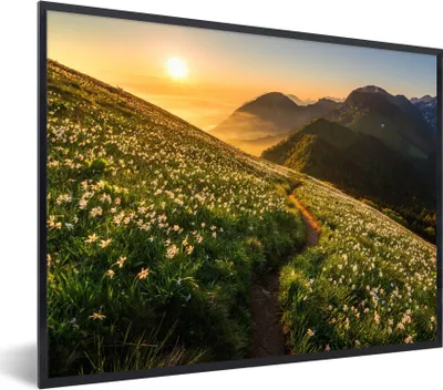 Produktbild von MuchoWow® Gerahmtes Poster Blumen - Sonne - Berge 40x30 cm - Poster mit Schwarzem Bilderrahmen Wandposter Rahmen Foto Bilder - Kunstposter - Wanddekorationen