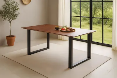 Produktbild von Refurbished Möbelretoure Esstisch 160x85 cm Akazie massiv kastaniefarben Schweizer Kante U-Gestell schwarz RITA
