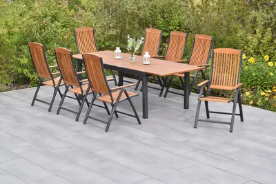 Produktbild von Merxx Gartenmöbel Set Athos 9tlg., 8 Klappsessel, Ausziehtisch 180 (250) x 100 cm- Aluminium/Akazie