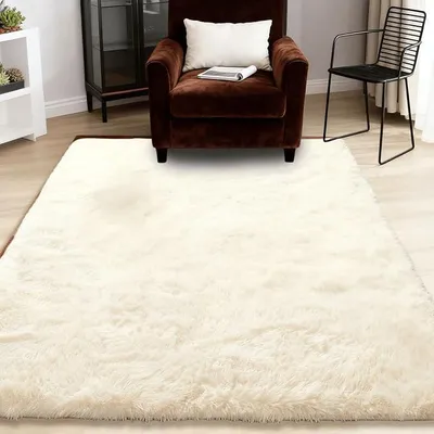 Imagen del producto de Alfombra Silecomplaza de pelo alto, 320 x 350 cm, de un solo color. Alfombra suave y esponjosa, con aspecto de piel, imitación de piel sintética, base antideslizante, lavable, ideal para salón, dormitorio y terraza, en color crema