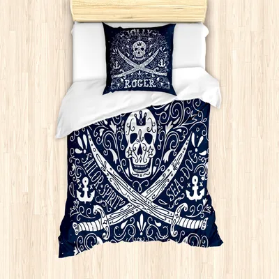 Produktbild von ABAKUHAUS Schädel Mantele, Piraten Jolly Roger Flagge, Milbensicher Allergiker geeignet mit Kissenbezügen, 135 cm x 200 cm - 80 x 80 cm, Dunkelblau und Weiß
