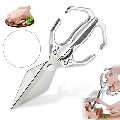 Produktbild von Küchenschere,25cm Multifunktions Haushaltsschere, 3CR13 Edelstahl,3.5 mm Dicke,Aluminium Griff,Walnuss Clip Design,Ergonomisch,Silber
