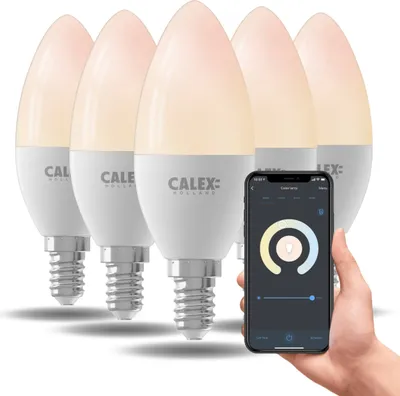 Produktbild von Calex Smart LED Lampe, E14, B35, Kerze, warmweißes Licht, dimmbar, WLAN App- & Sprachsteuerung, 5er Pack