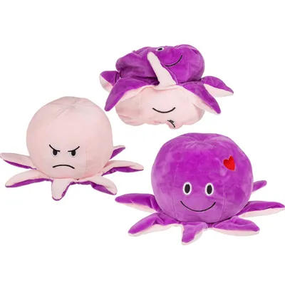 Three plush octopus toys are arranged on a white background.