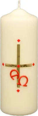Produktbild von Osterkerze gold. Kreuz, A und O in rot, ohne Jahreszahl 140 x Ø 50 mm
