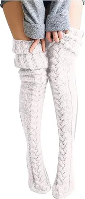 Produktbild von Damen Strümpfe Strick Overknee Socken Dicke Warme Überknie Kniestrümpfe Trachtenstrümpfe Grobstrick Wintersocken Thermosocken Lange Weihnachtssocken Kuschelsocken für Frauen, Weiß