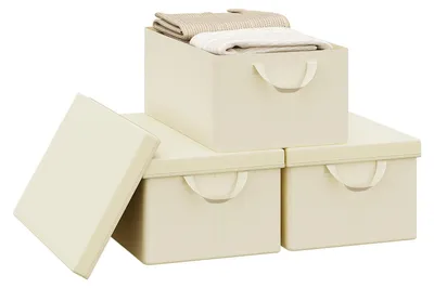 Produktbild von WOLTU Aufbewahrungsbox mit Deckel 3 Stück, mit Griffen, Creme,48x29x20 cm