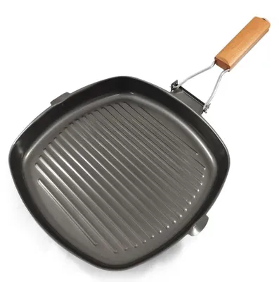 Grillpfanne 24 cm, Antihaftbeschichtung, Kohlenstoffstahl, klappbarer Holzgriff