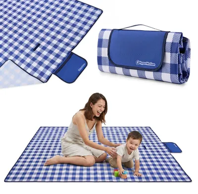 Zdjęcie produktu dla HyperMotion koc plażowy piknikowy z wodoodpornym spodem PVC 150 × 200 cm, w niebieską kratkę, składany do 30 × 22 × 5 cm z uchwytem i klapką na rzep