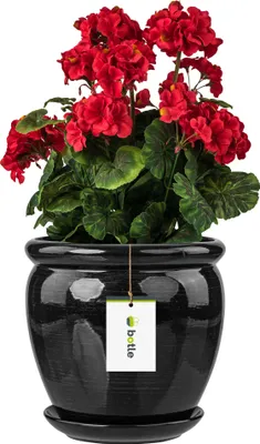 Image de Pot de fleurs noir argenté pot avec soucoupe rond DxH 220 mm x 240 mm surface brillante céramique moderne glamour
