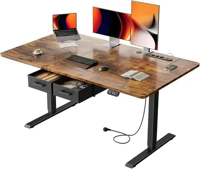 Imagen del producto de Escritorio de altura ajustable con toma de corriente, 140x80 cm, color marrón