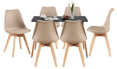 Immagine prodotto di Tavolo da pranzo rettangolare con 6 sedie, colore nero, dimensioni 110 cm, con gambe e sedie color beige chiaro