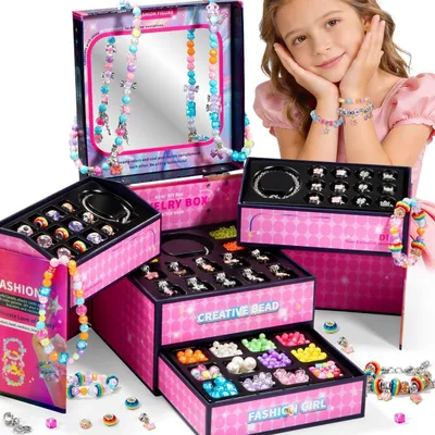 Immagine prodotto di Kit per creare braccialetti personalizzati per bambine – Set per la creazione di gioielli con perline, catene e scatola portaoggetti, colore rosa, adatto a bambine dai 4 ai 12 anni