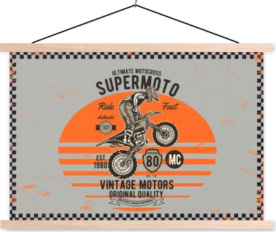 Produktbild von MuchoWow® Textilposter Mancave - Motorrad - Vintage - Orange - Grau 120x80 cm mit holzfarbenen Rahmen - Aufhängeset