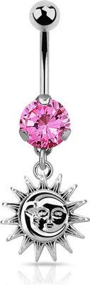 Produktbild von Bauchnabelpiercing Sonne Mond Opal Glitzer Zirkonia Kristall Autiga® silber-pink-2 12 mm