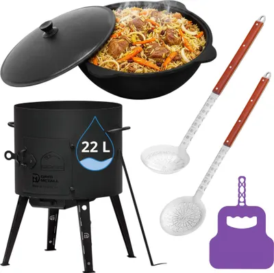 Produktbild von Feuerofen Utschak Ø49 cm Kochset mit 22 L Kazan Uchag 2 mm Stahl Учак Казан Учаг Grillfächer Schaumkelle Suppenkelle Utschag Kasan Feldküche Außenküche Eintopfofen Gulaschkanone