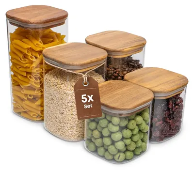 Produktbild von Vorratsglas Vorratsdose Vorratsbehälter - Set mit 5 Gläsern - Akazienholzdeckel - Luftdicht