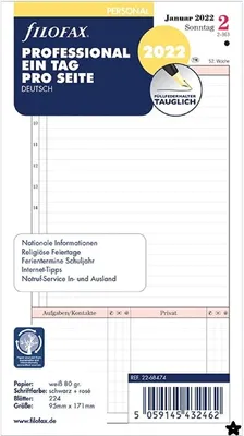 Immagine prodotto di Inserto calendario Filofax Personal 95 x 171 mm: Professionale Un giorno per pagina 2022 Tedesco