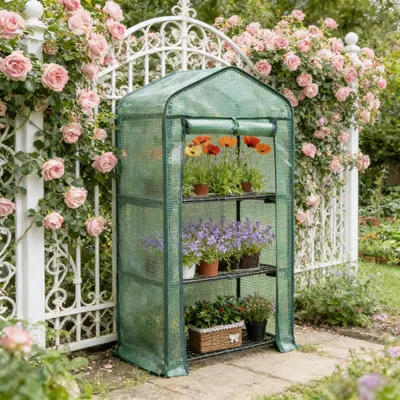 Produktbild von Folien-Gewächshaus 69x49x125cm mit 140g/m² PE-Gitterplane, stabiles Tomatenhaus mit 3 Metallebenen, UV-beständig & platzsparend für Balkon, Terrasse