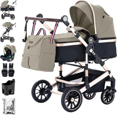 Produktbild von Daliya® NEOMOVE 3in1 Kinderwagen | mit i-Size Babyschale & Buggy | Alu-Rahmen Reisekinderwagen | Kombikinderwagen mit großen Einkaufskorb | für Stadt und Gelände | Sicher & Komfortabel (Rahmen: Gold, Stoff: Beige)