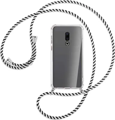 Produktbild von Handykette Backcover-Schutzhülle mit Band (Metall silberfarben) für Meizu 16 (M882Q) - schwarz/weiß gestreift