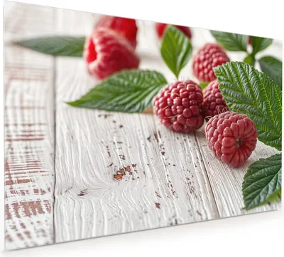 Produktbild von Küchenrückwand Spritzschutz Glas mit Motiv Himbeeren Holztisch 40 x 40 cm