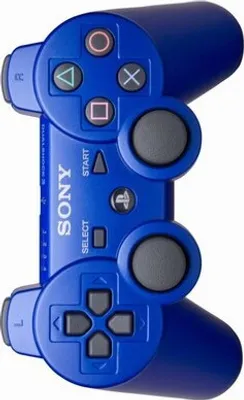 A blue Sony PlayStation 3 controller is shown from a top-down perspective against a white background.