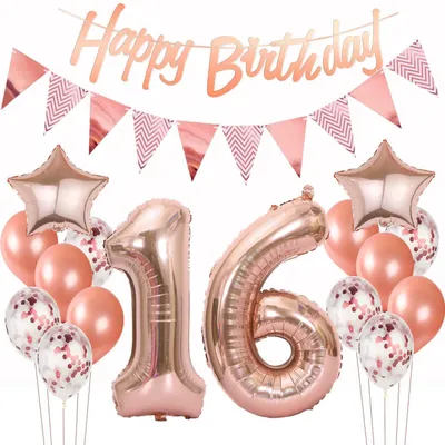 Produktbild von Geburtstagsdeko Set 16. Geburtstag Mädchen Roségold Ballons Banner Girlande