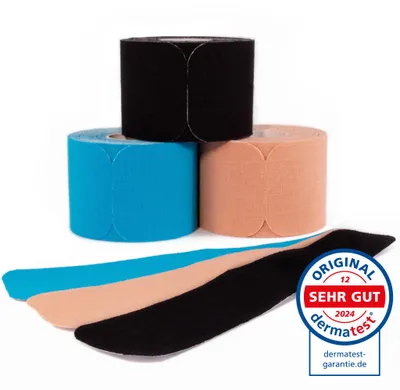 Image de axion® Bande kinésiologique PRECUT, lot mixte de 3, 20 pièces de chaque, 25 x 5 cm - noir, bleu, beige