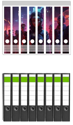 Produktbild von Wallario 8 Stück schmale Ordner inkl. Klebeetiketten mit Motive Nacht der Revolutionäre -  Set mit Rückenschildern / Ordnerrücken Stickern