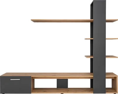 A modern media console with shelves and a drawer, presented against a white background.