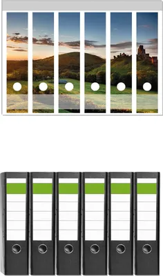 Produktbild von Wallario 6 Stück breite Ordner inkl. Klebeetiketten mit Motive Schlosspanorama in England bei Sonnenaufgang -  Set mit Rückenschildern / Ordnerrücken Stickern