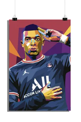 Produktbild von Fußball Poster - Kylian MBappe Poster - Paris Saint-Germain Trikot Poster - Pop Art Poster - Roter Poster - 61x91cm - Perfekt zum Einrahmen