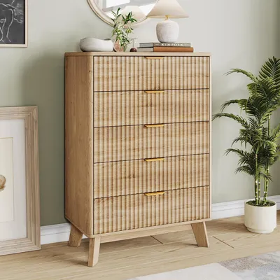 Image de Commode en rotin avec 5 tiroirs, dimensions 73x40x108 cm, couleur naturelle
