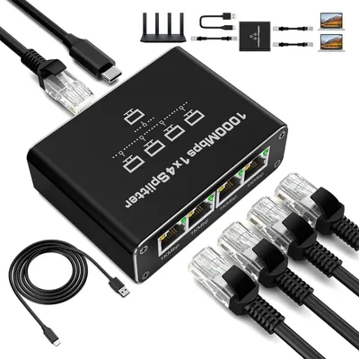A black LAN splitter with multiple Ethernet ports and cables, presented on a white background.