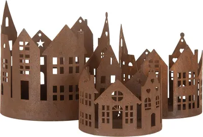 Image de Clayre & Eef Figurine de décoration Set de 3 maisons Ø 16/ Ø 11 / Ø 10 cm Brun Métal