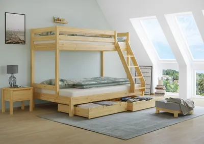 Produktbild von Doppel-Etagenbett 120x200 und 80x200 Erwachsenen-Stockbett Kiefer Massivholz natur V-60.18-08-12Rollrost und Doppelbettkasten inkl.