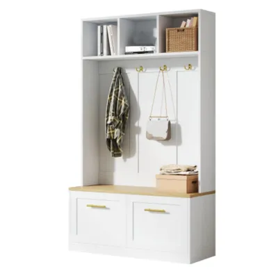 Produktbild von Garderobenset mit Sitzbank, Schuhregal offenem Stauraum und 2 Türen – Kompaktgarderobe mit 4 Haken 105 × 40 × 180 cm