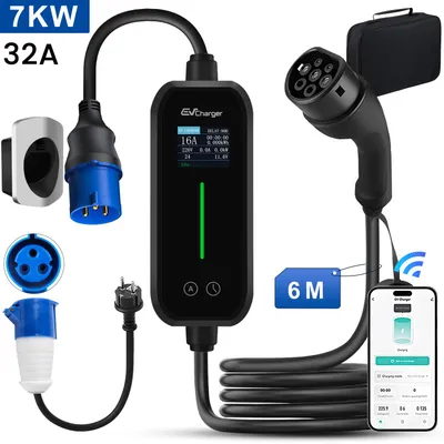 Image de APP 3,5/7 kW - Boîtier mural mobile pour véhicules électriques (EV) - Chargeur UE 16/32 A, monophasé, câble de 6 m, prise de type 2/CEE, courant réglable - Chargeur portable avec crochet et sac de transport