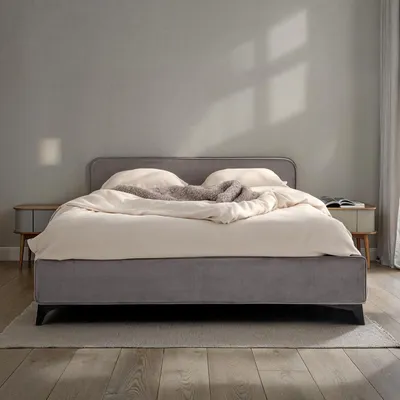 Produktbild von Polsterbett LAVORO Einzelbett 140x200, grau - Bett mit Lattenrost und Samtstoffbezug, Bettgestell mit gepolstertem Kopfteil, modernes Design, Robuster Holzrahmen & Metallbeine