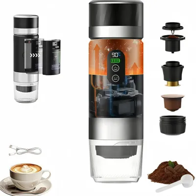 Tragbare Kaffeemaschine 20Bar, 3-in-1 Elektrische Reisekaffeemaschine,  Kaffeemaschine, Kompatibel mit Espressokapseln und gemahlenem Kaffee (Schwarz)