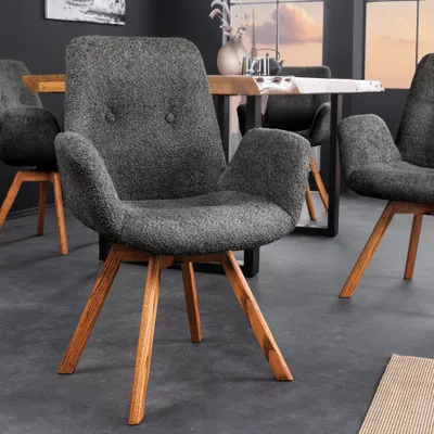 Produktbild von riess-ambiente Drehbarer Design Stuhl BALTIC dunkelgrau Bouclé natur Eiche Massivholz mit Armlehne Esszimmerstuhl Essstuhl