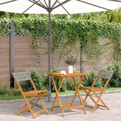 Imagen del producto de Conjunto de jardín de 3 piezas, color gris, fabricado con ratán sintético y madera maciza, para uso en exteriores