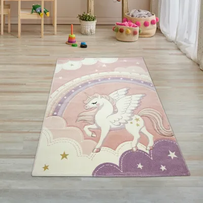 Zdjęcie produktu dla Mata do zabawy w pokoju dziecięcym - Jednorożec pod tęczą w kolorze kremowo-różowym rozmiar - 80 x 150 cm