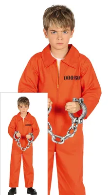 Productafbeelding van Dieb, oranje gevangeniskostuum, Halloween, kinderkleding, jumpsuit, kettingen, strafuitvoering, gevangenisoutfit, griezelig, feestkleding, verkleedpartij, avontuur, maat: 98/104, kleur: oranje