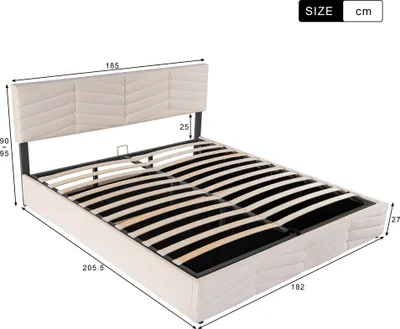 Obrázek produktu pro okwish Čalouněná postel 180 x 200 cm, Manželská postel, hydraulická postel, samet, pruhovaný styl, kontinentální postel, výškově nastavitelný čelo, béžová
